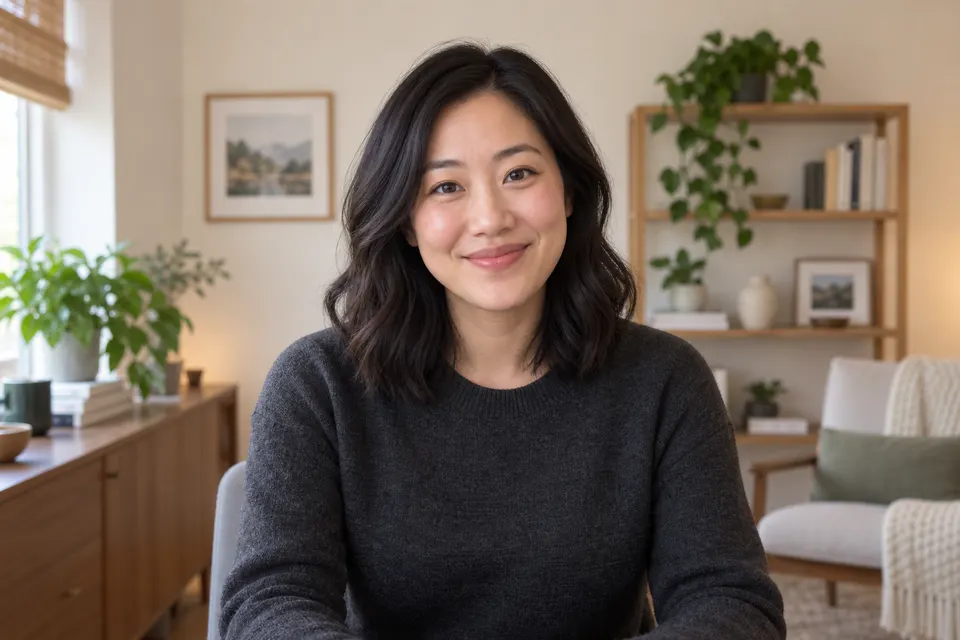 Alex, a fictional AI interviewer, smiling in a sunlit home office